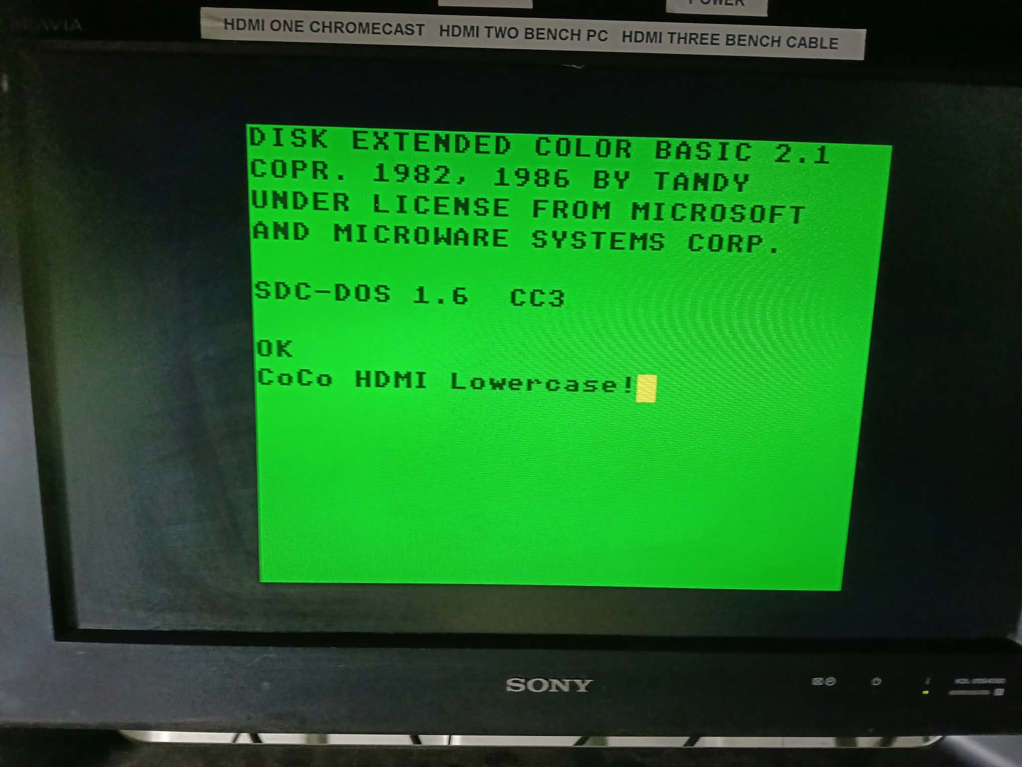 CoCo BASIC screen showing mixed-case text: CoCo HDMI Lowercase!