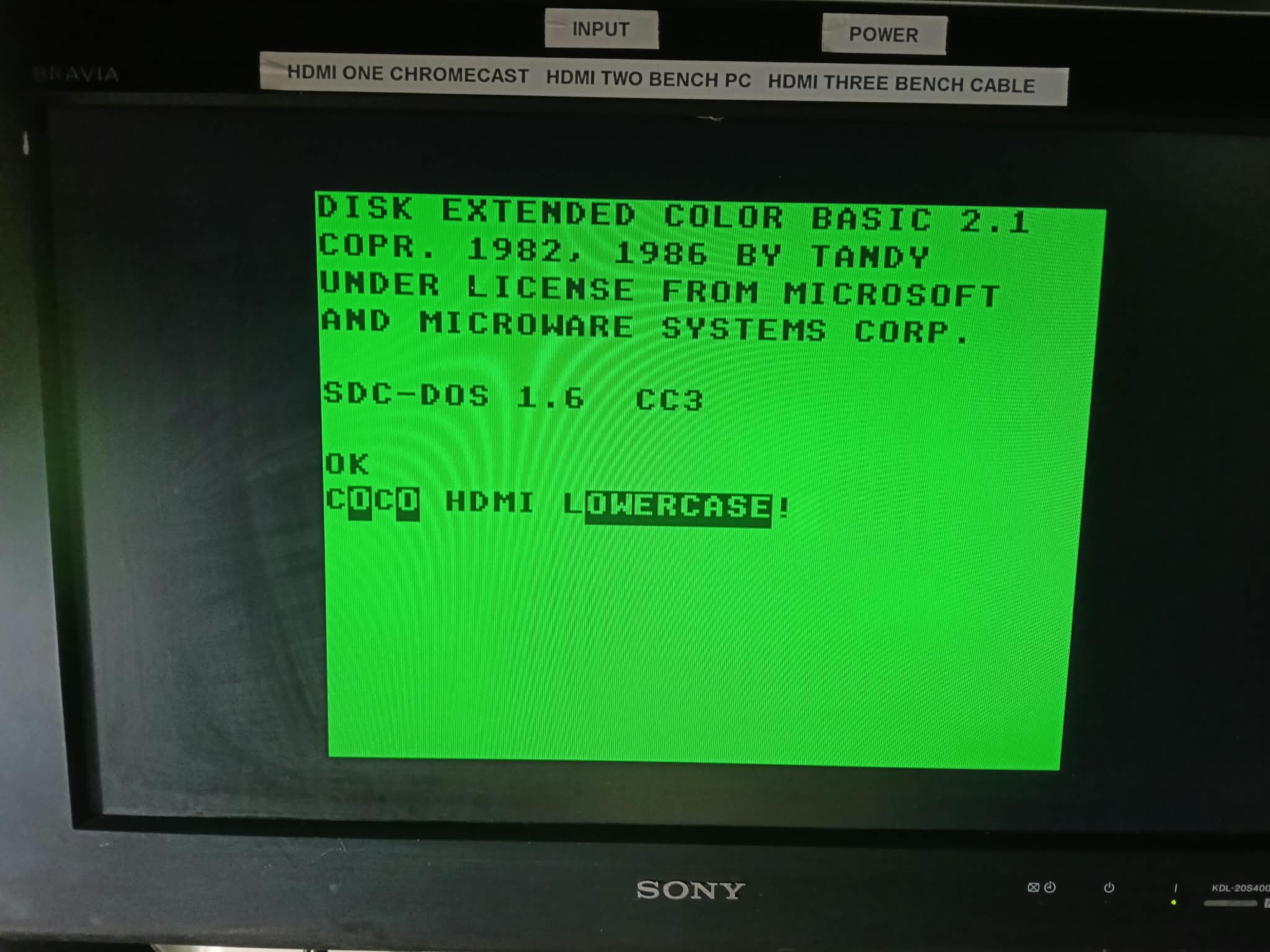 CoCo BASIC screen with inverse capital letters, lowercase emulation off