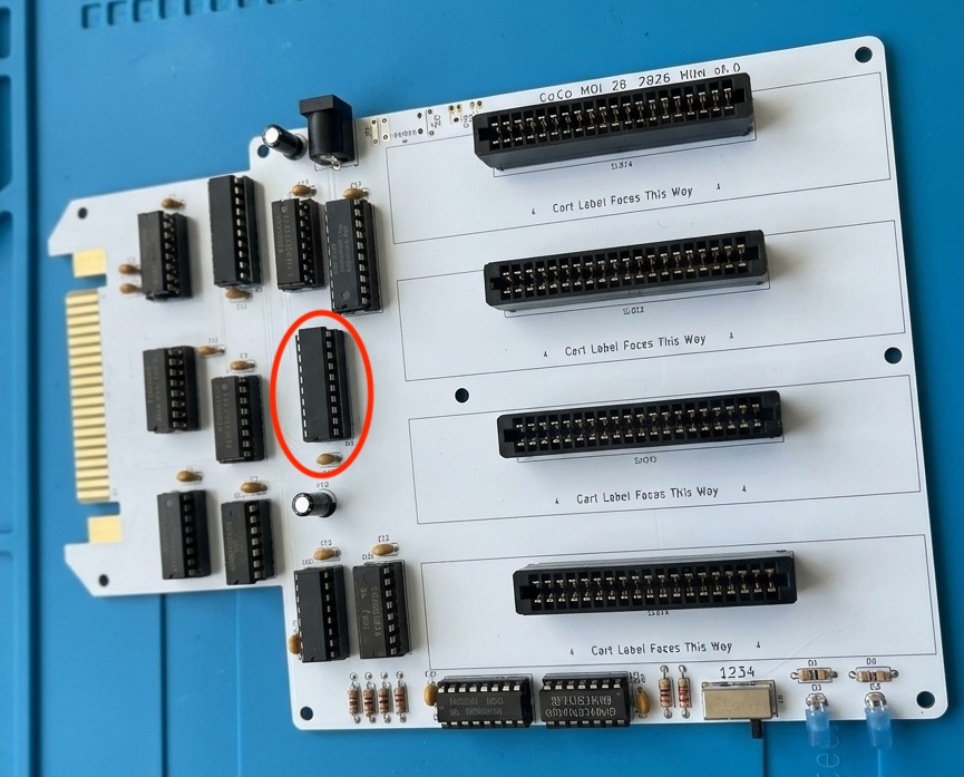 8BITCRUSH reproduction Multipak board with the GAL socket circled in red